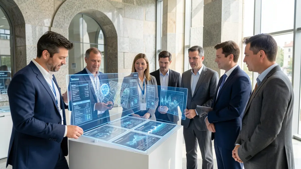 Generic image of an international delegation observing artificial intelligence data in a technology hub.