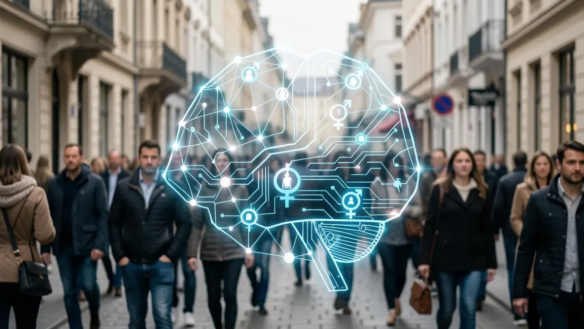 Imaxe xenérica de intelixencia artificial con nodos interconectados e circuítos brillantes, con símbolos de xénero integrados.