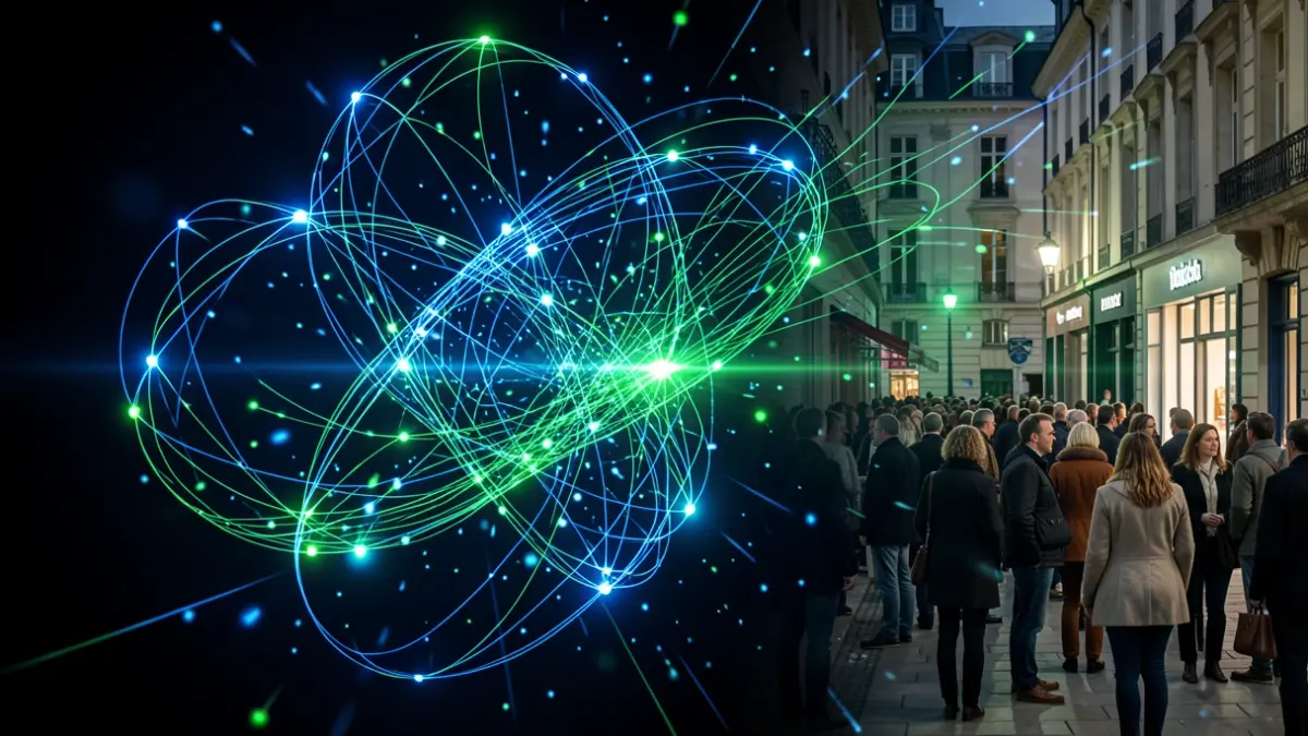 Generic image of luminescent particles and abstract light patterns, representing quantum and security technology.