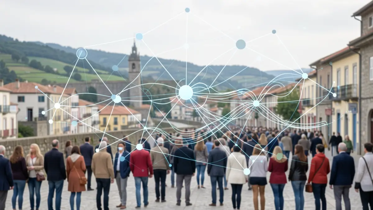 Generic image of interconnected nodes and abstract data streams, with subtle elements of the Galician landscape.