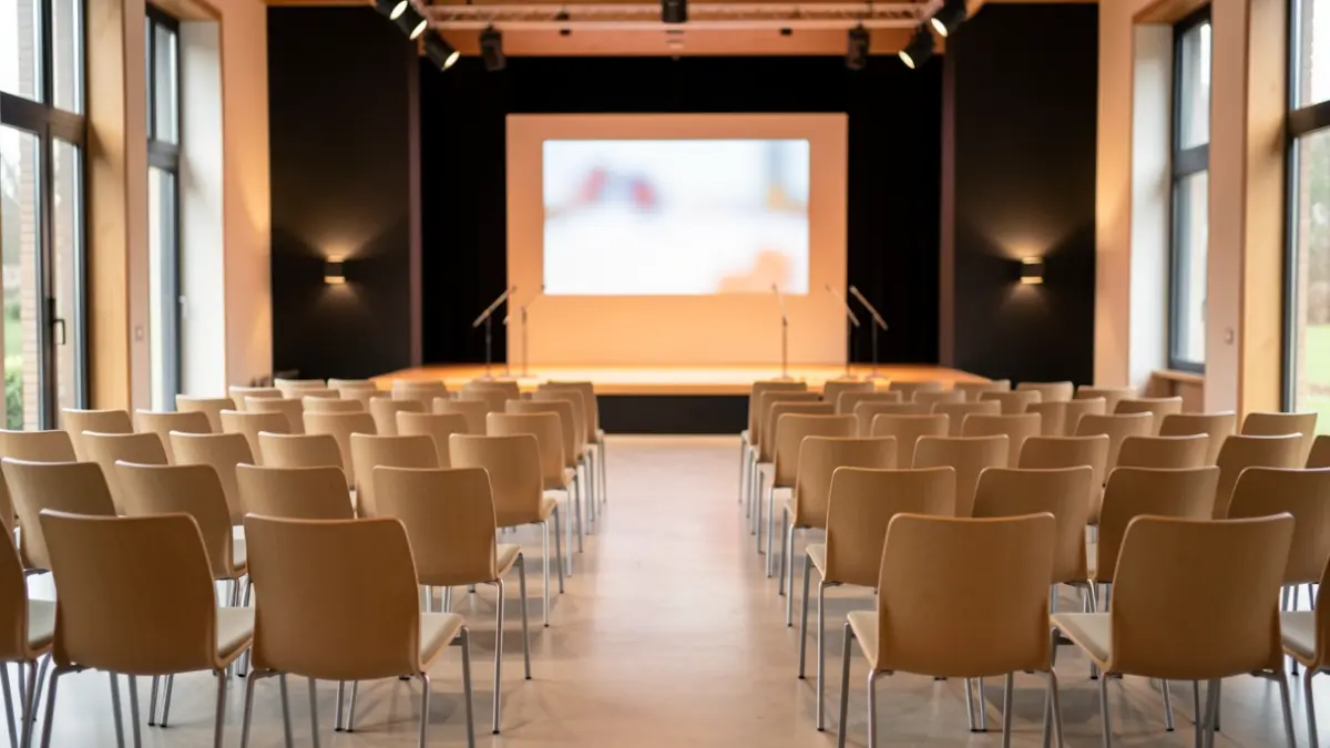 Generic image of an empty exhibition hall with chairs and a stage.