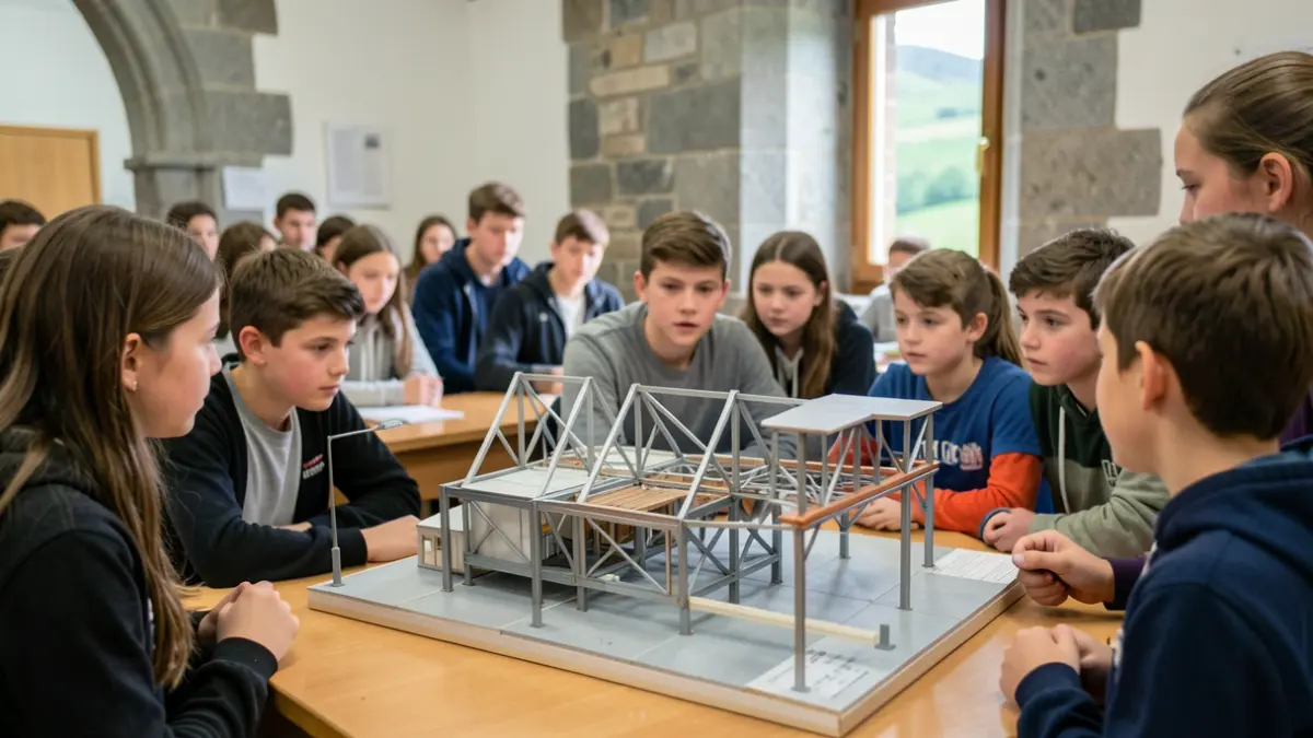 Generic image of a classroom with students and an instructor observing an engineering model.