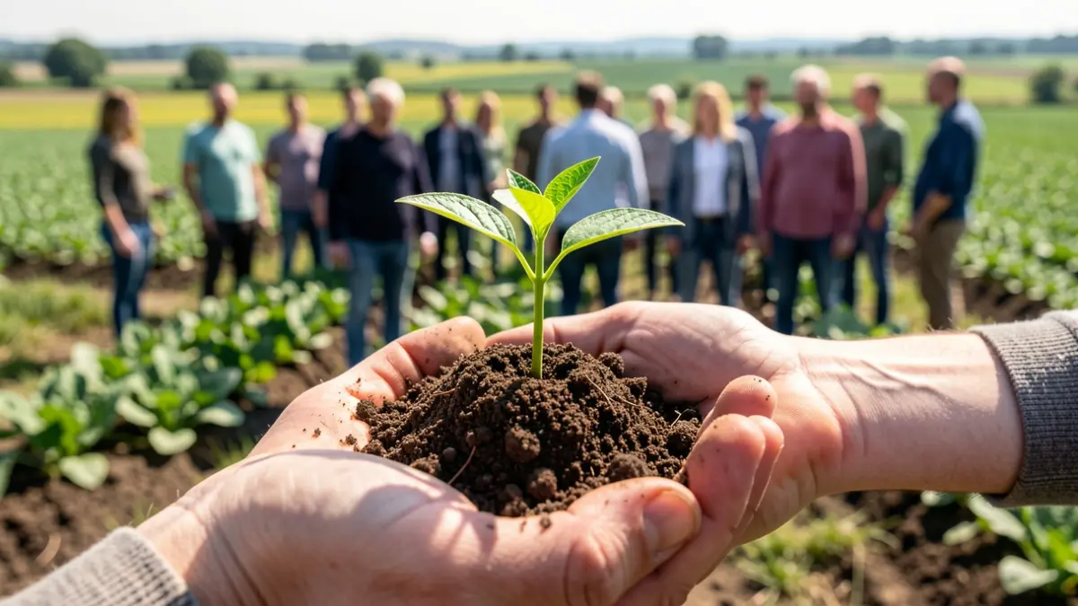 Primer plano de una mano sosteniendo una plántula con tierra fértil, con campos agrícolas borrosos al fondo bajo luz solar intensa.