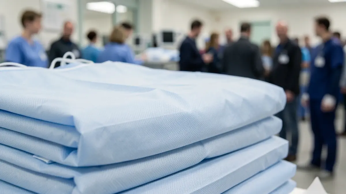 Generic image of medical textiles, such as surgical gowns and drapes, with texture and clean appearance.