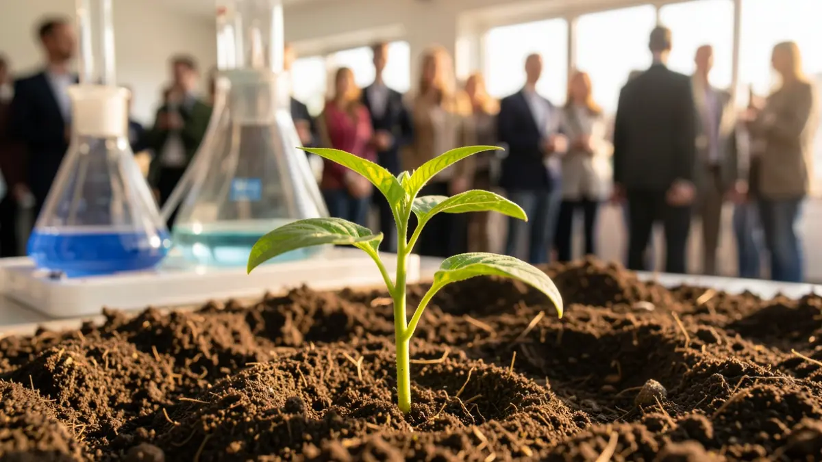 Imagen genérica de plantas de patata y arroz en tierra fértil, con equipamiento de laboratorio desenfocado al fondo.
