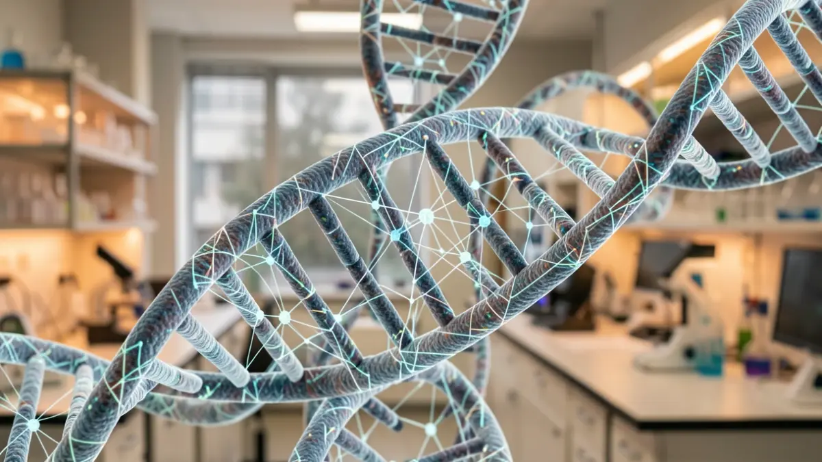 Imagen genérica de la intersección entre biotecnología e inteligencia artificial, con elementos de laboratorio y patrones abstractos.