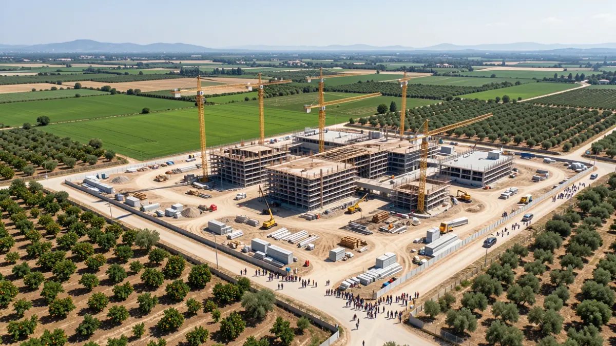 Generic image of a large industrial plant under construction in a Mediterranean landscape.