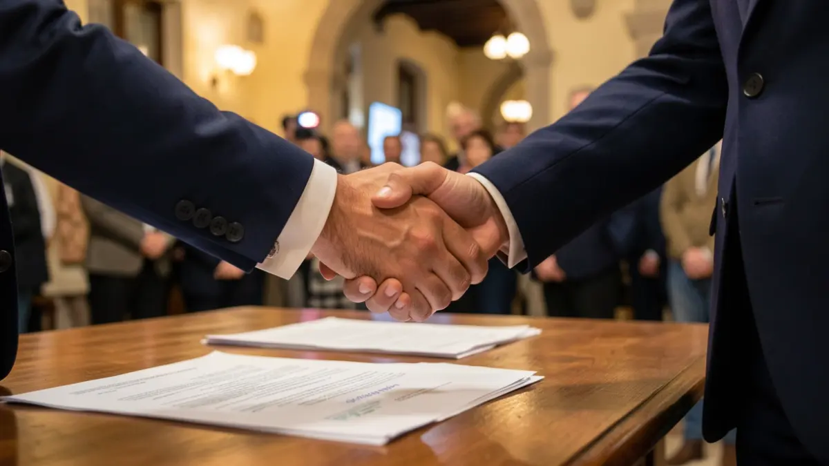 Generic image of two hands shaking over a desk with documents, with warm office lighting.