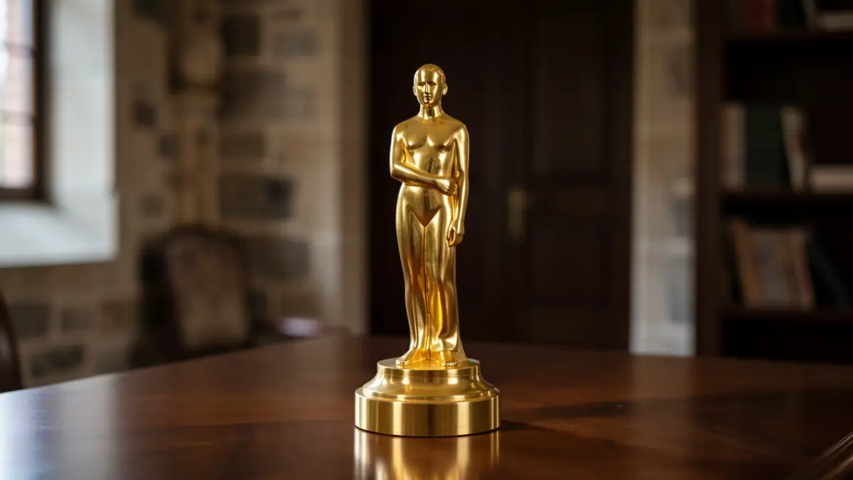 Generic image: A golden award statue on a polished dark wood surface.