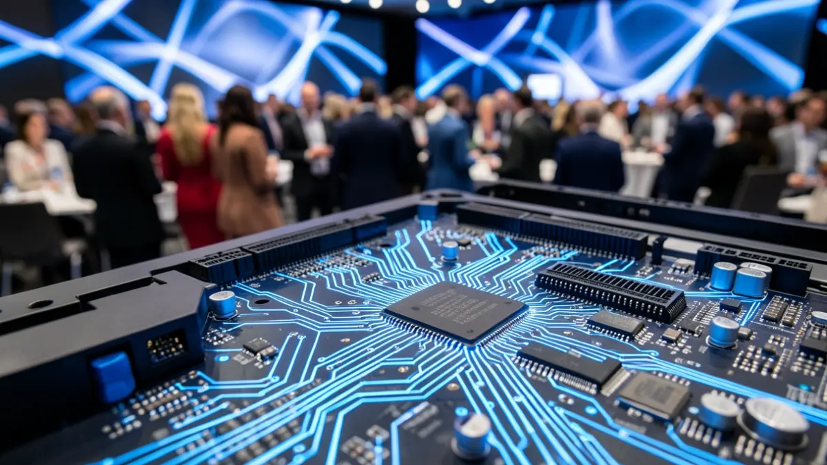 Imagen genérica de circuitos de inteligencia artificial en una sala de conferencias.