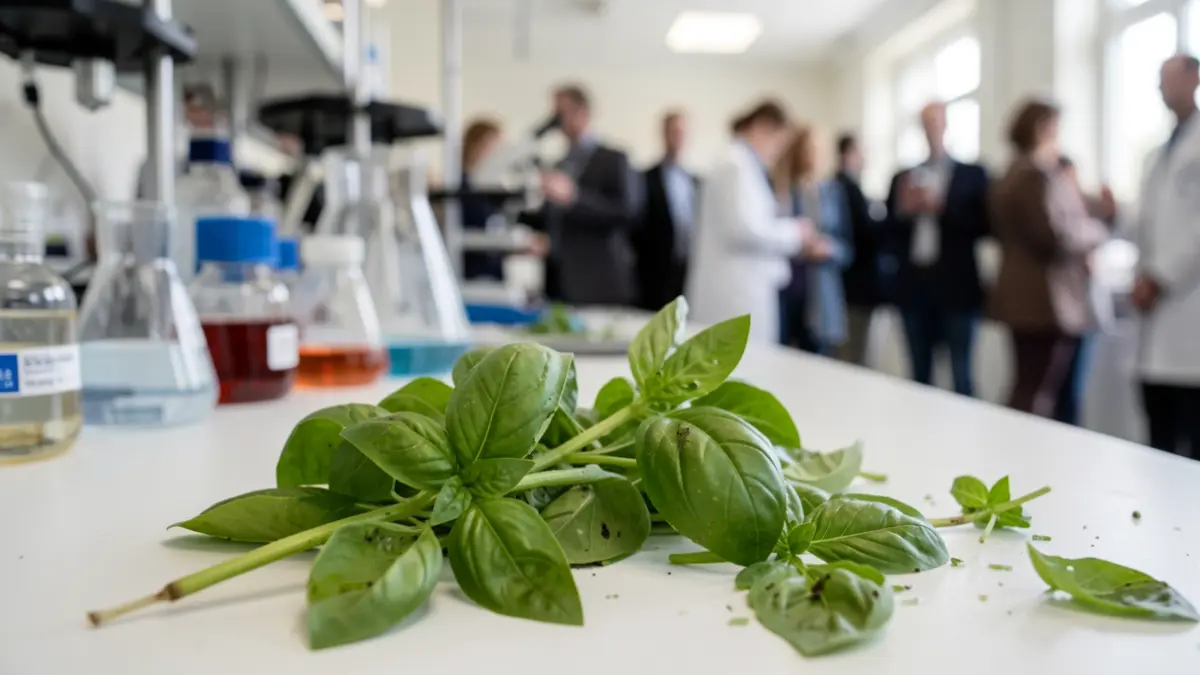 Imagen genérica de hojas de albahaca y material de laboratorio.