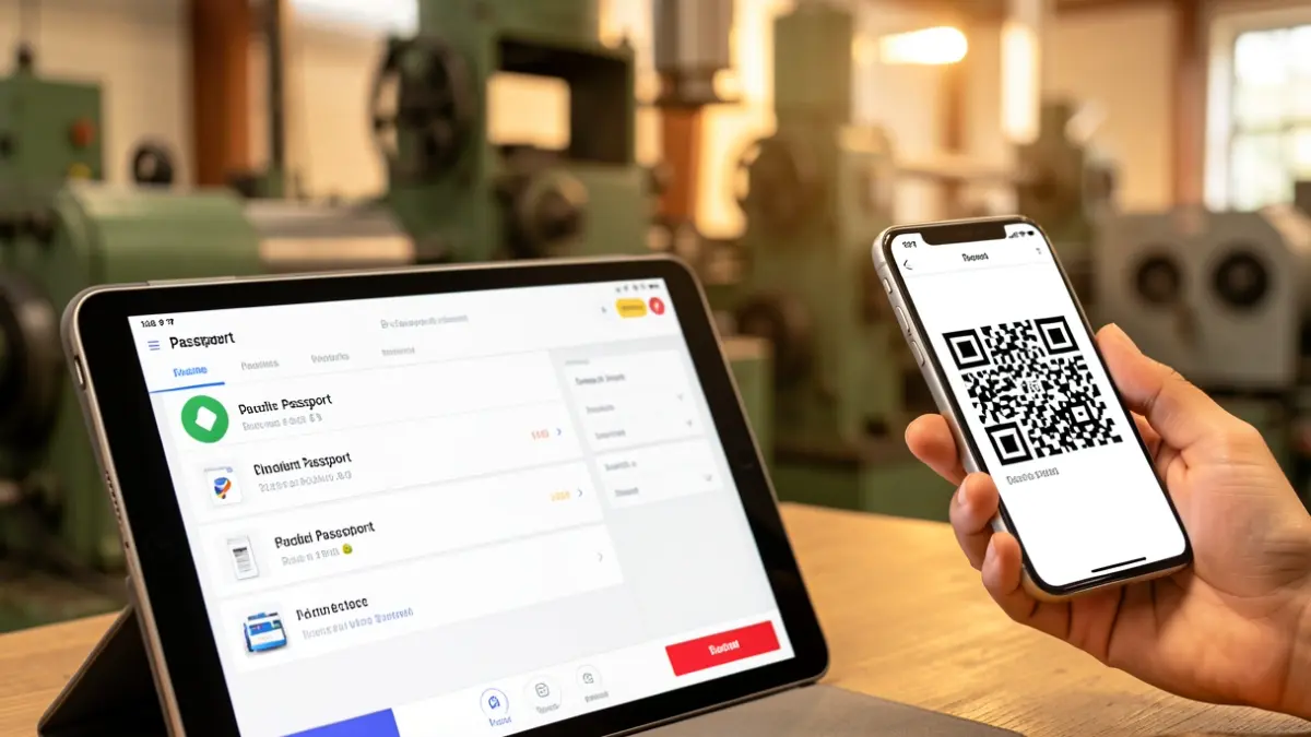 Interfaz de un Pasaporte Digital de Producto en una tableta con información del ciclo de vida del producto y maquinaria industrial al fondo.