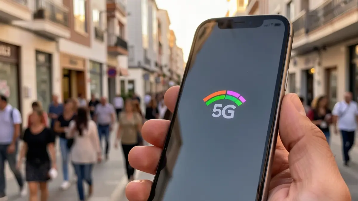 Imagen genérica de un teléfono móvil mostrando el icono 5G con una calle urbana de Canarias desenfocada al fondo.