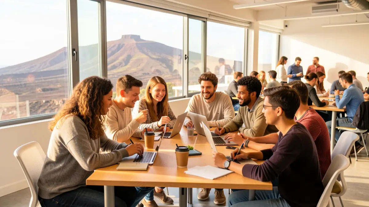 Jóvenes emprendedores colaborando en un espacio de coworking en Gran Canaria con vistas al paisaje volcánico.