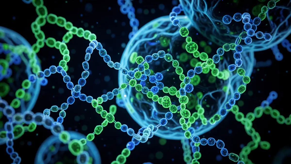 Microscopic representation of sugar molecules and protein chains within cells.