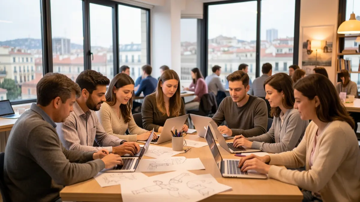 Imagen genérica de jóvenes colaborando en un espacio de coworking con ordenadores portátiles y bocetos.