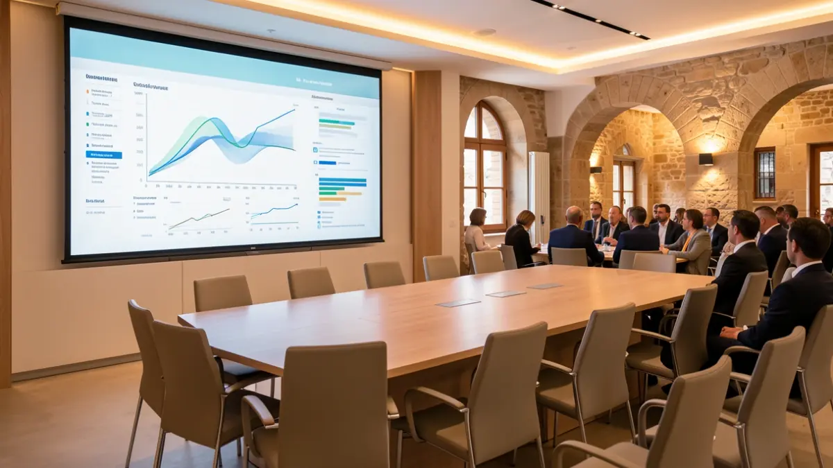 Conference room with data visualization screen and empty chairs, featuring Mediterranean architectural elements.