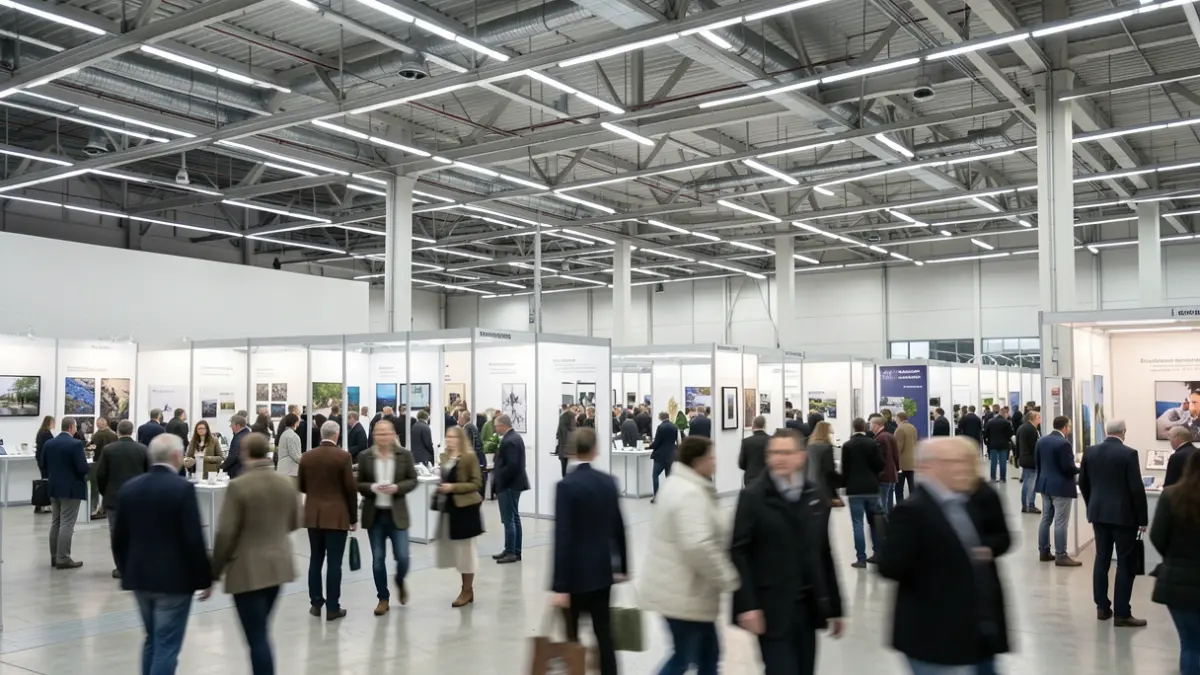 Generic image: interior of a modern exhibition hall with rows of display booths and a blurred crowd in the background, bright overhead lighting, clean architectural lines.