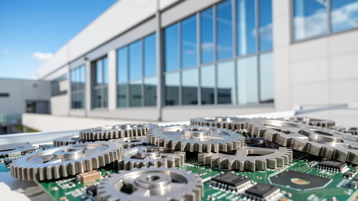 Generic image: A modern industrial facility with large windows and a blue sky. In the foreground, abstract metallic gears and circuit board components.