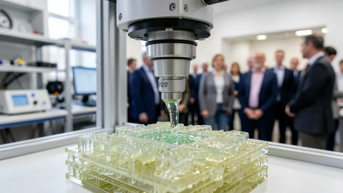 Generic image: A 3D bioprinter nozzle depositing bio-ink gel, creating intricate layered structures, with blurred laboratory equipment and soft lighting in the background.