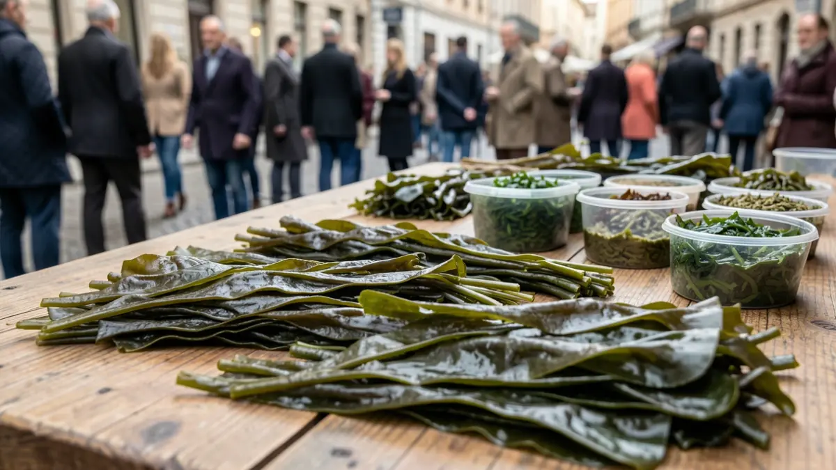 Generic image of different types of seaweed arranged on a wooden table, with some seaweed-based agricultural products in small containers in the background.