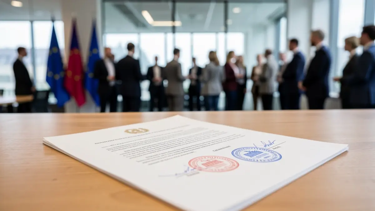 Imaxe dun documento oficial cun selo e timbres sobre unha mesa de escritorio, con detalles da Unión Europea ao fondo.
