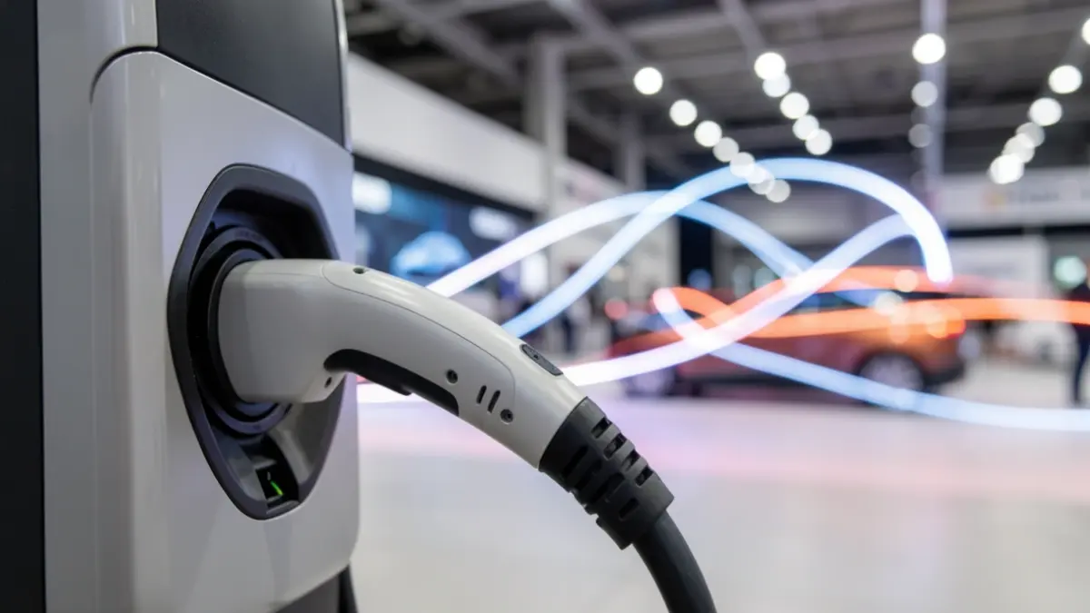 Imagen genérica de un cable de recarga de vehículo eléctrico conectado a una estación, con un fondo difuminado de un pabellón de exposiciones moderno y trazas de luz abstractas.