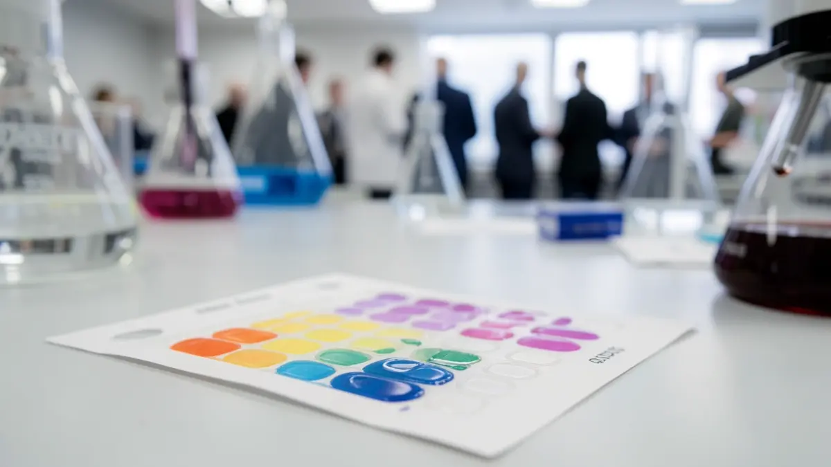 Generic image: a paper-based microfluidic device showing a color change indicating a positive result, on a laboratory bench with blurred scientific equipment in the background.