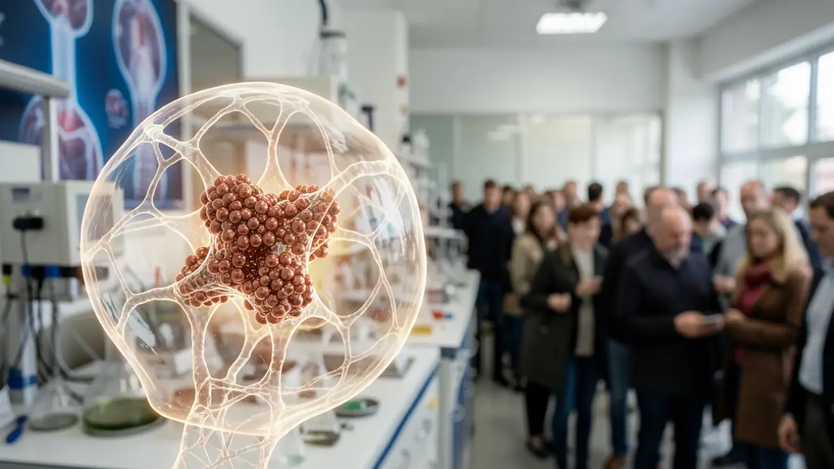 Imagen genérica: estructura de proteína con diminutos cúmulos de átomos de hierro, sobre un fondo borroso de equipamiento de laboratorio.