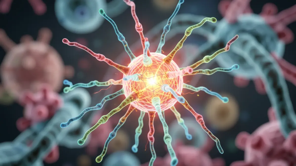 Image of a T cell receptor, depicted as a complex molecular antenna, glowing with internal energy against a blurred background of cellular structures.