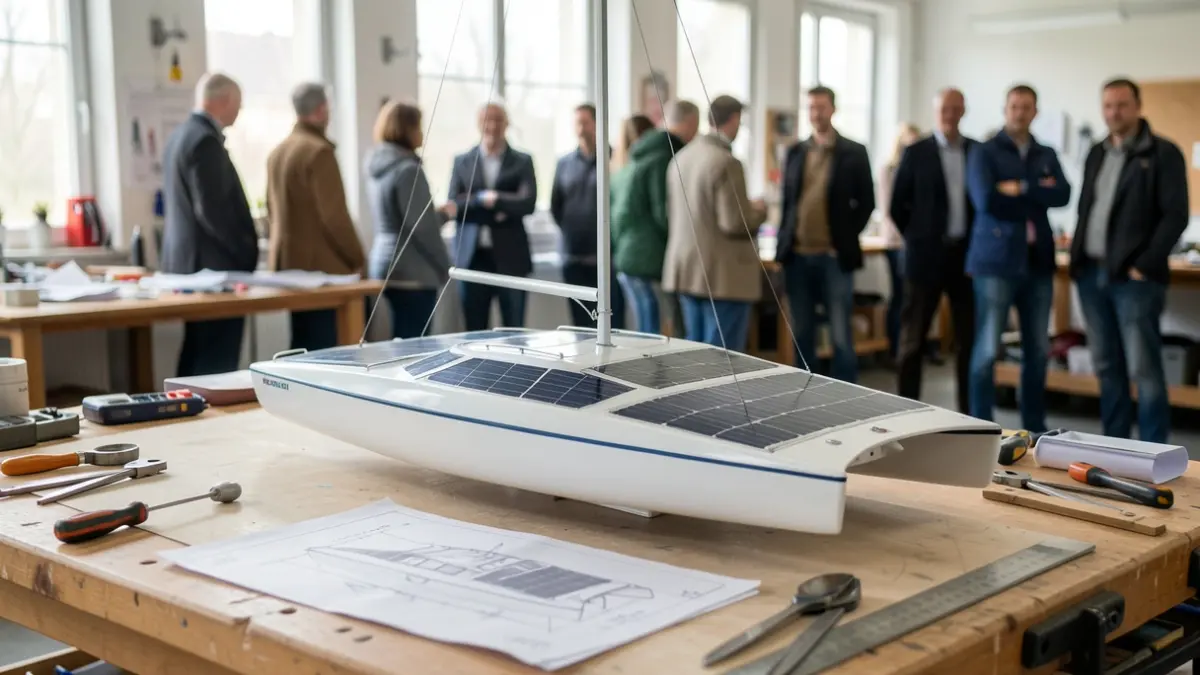 Generic image of a scale model of a solar trimaran in a workshop.