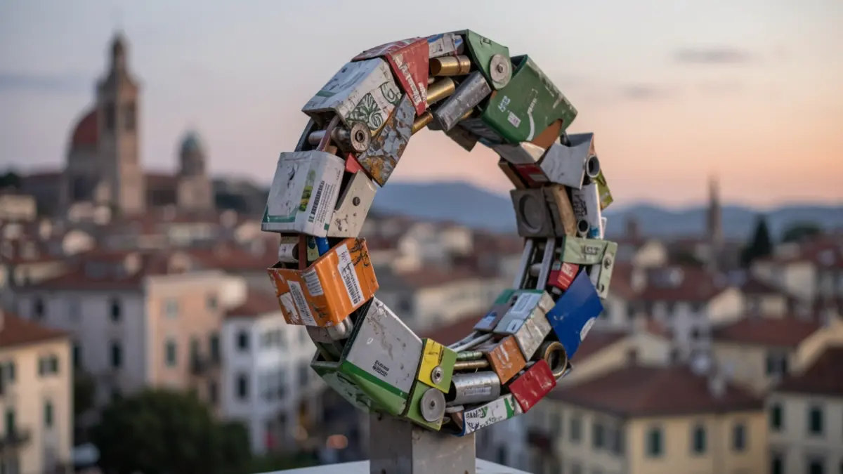 Imagen genérica de una escultura abstracta hecha con materiales reciclados, con un fondo urbano mediterráneo al atardecer.