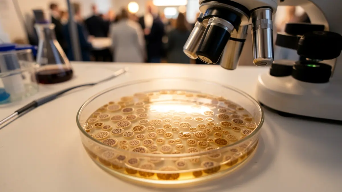 Imagen genérica de células de levadura bajo un microscopio en un laboratorio.