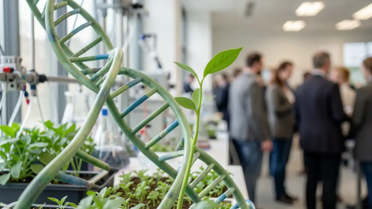 Generic image of a DNA helix intertwined with a stylized plant, with laboratory equipment in the background.