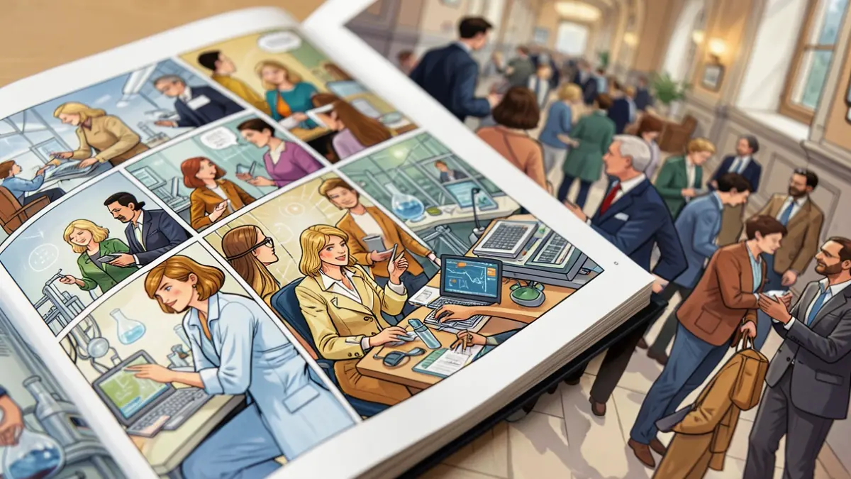 Imagen genérica de una página de cómic con ilustraciones de mujeres en entornos de ingeniería y tecnología.