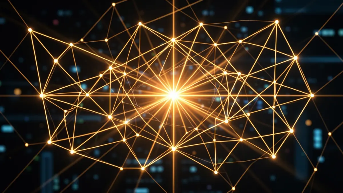 Representación abstracta de análisis de datos de secuenciación genómica con líneas y nodos brillantes.