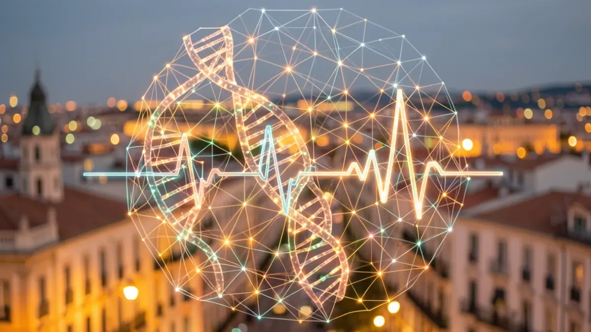 Representación abstracta de la convergencia entre salud y tecnología con símbolos médicos y patrones de red neuronal.