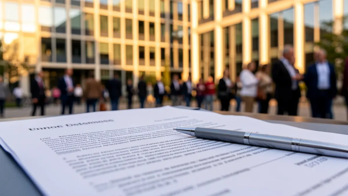 Contrato laboral sobre una mesa con un edificio de oficinas al fondo.