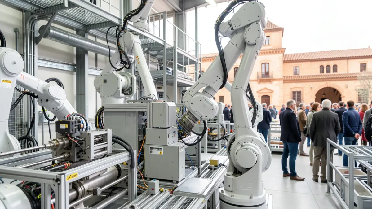 Instalación industrial moderna con maquinaria avanzada y brazos robóticos, simbolizando la industria de defensa y logística.
