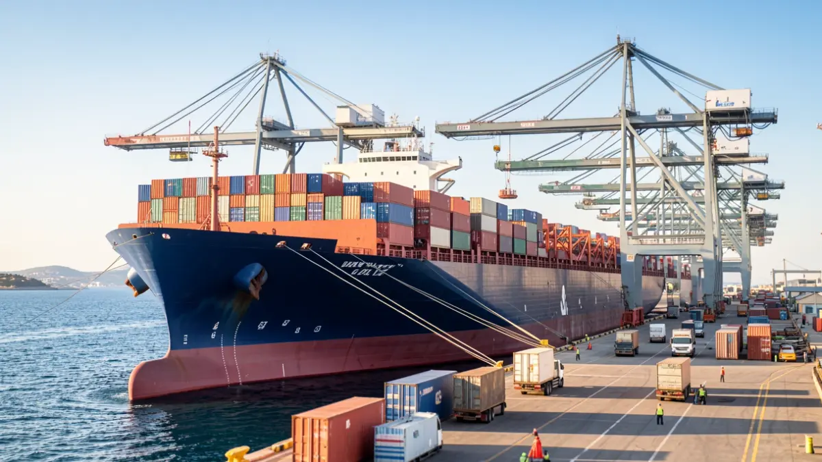 Generic image of cargo ships and cranes at a Mediterranean port.