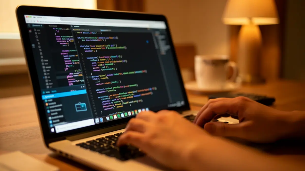Generic image of a laptop displaying code and digital graphics.