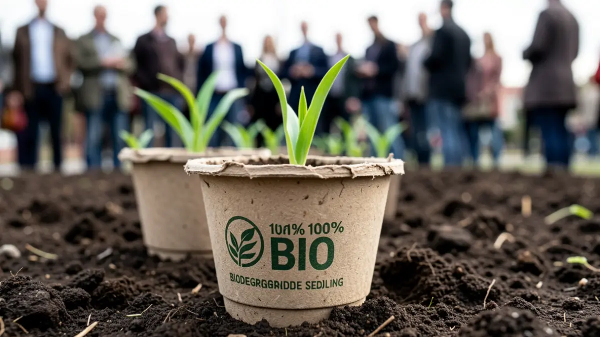 Imagen genérica de una biomaceta compostable sobre tierra, con brotes verdes al fondo.