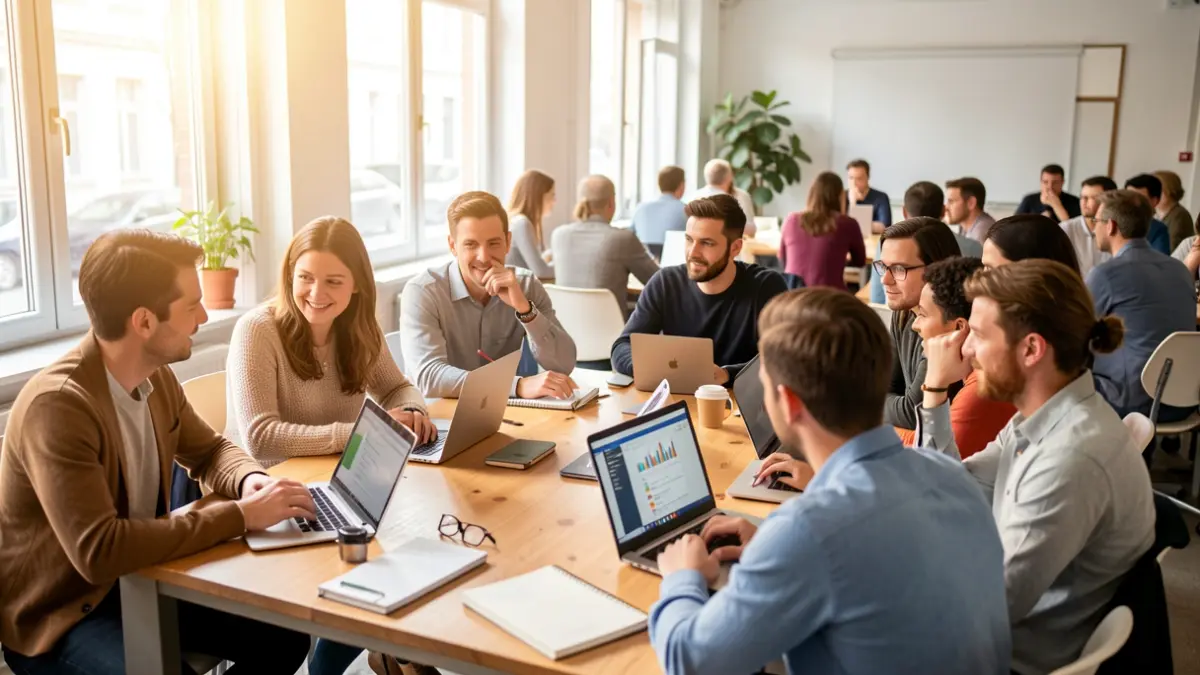 Entrepreneurs and business owners learning about artificial intelligence and digital marketing in an online course.
