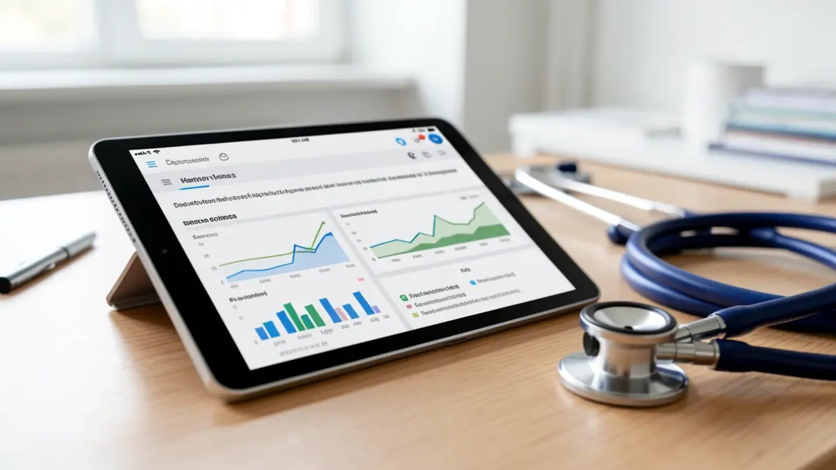 Generic image of a medical tablet with a digital interface and a stethoscope.