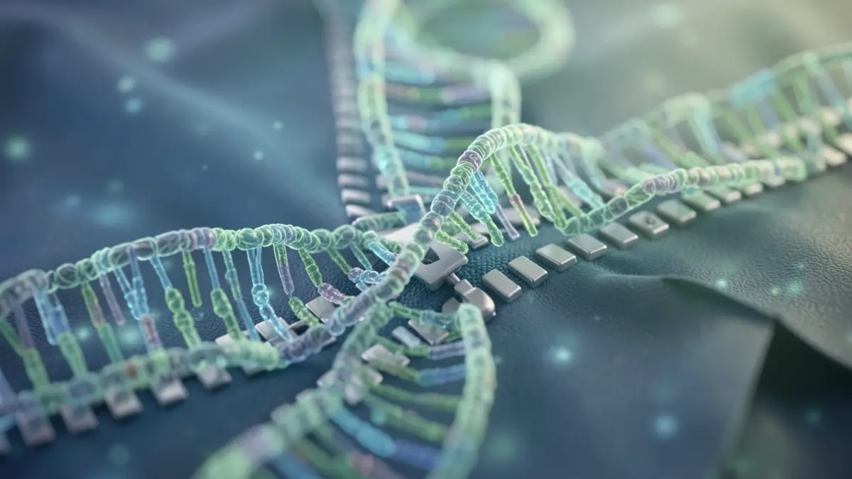 Abstract representation of a molecular zipper made of DNA strands, symbolizing genetic transfer between bacteria.