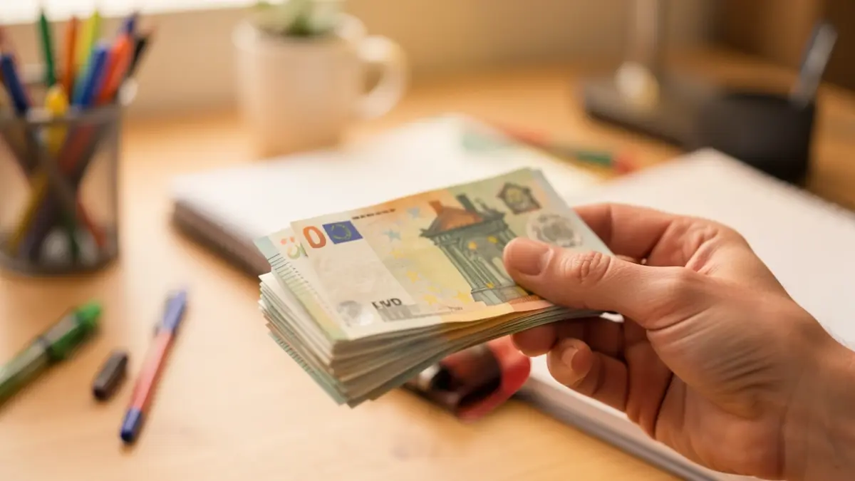 Generic image of a hand holding euro banknotes with blurred office supplies in the background.