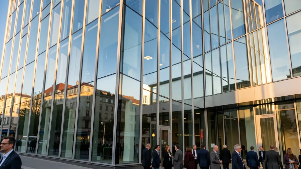 Generic image: facade of a modern office building with large glass windows reflecting a blue sky, symbolizing economic growth and technology. Warm afternoon sunlight.
