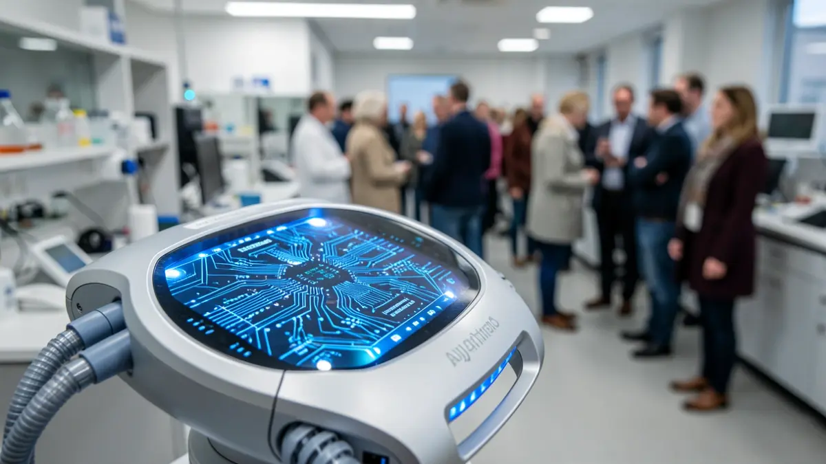 Generic image of a futuristic medical device with circuitry and blue lights, in a modern laboratory.