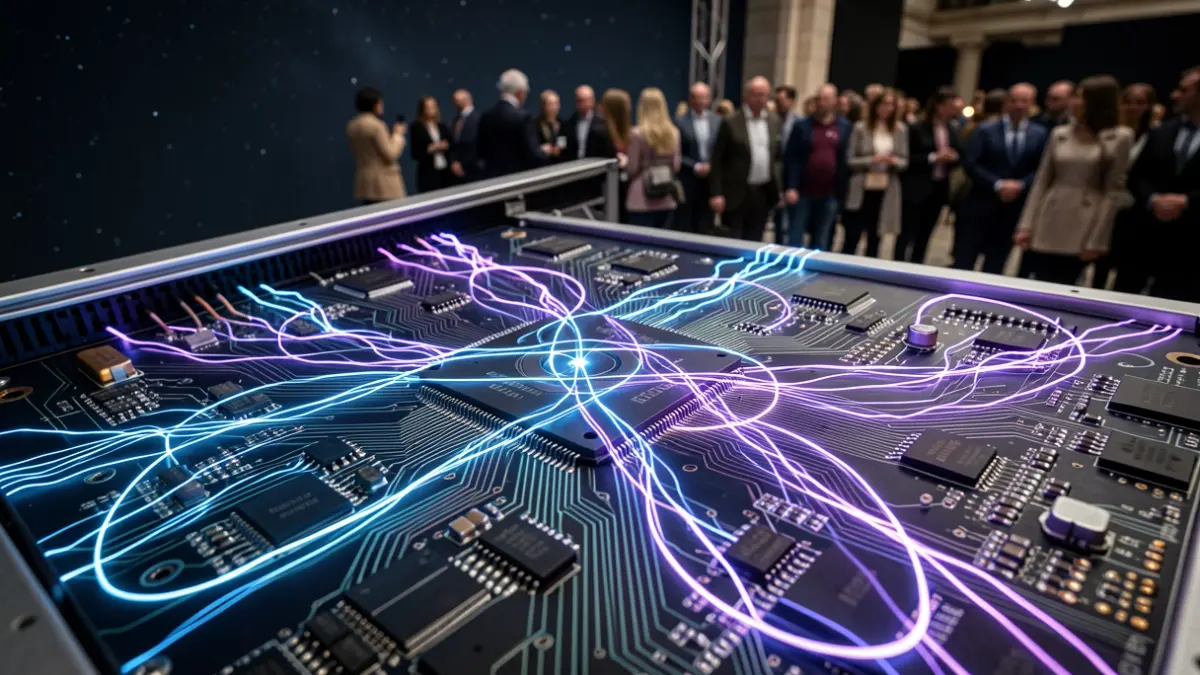 Imaxe dun circuíto de computación cuántica con liñas de enerxía brillantes.