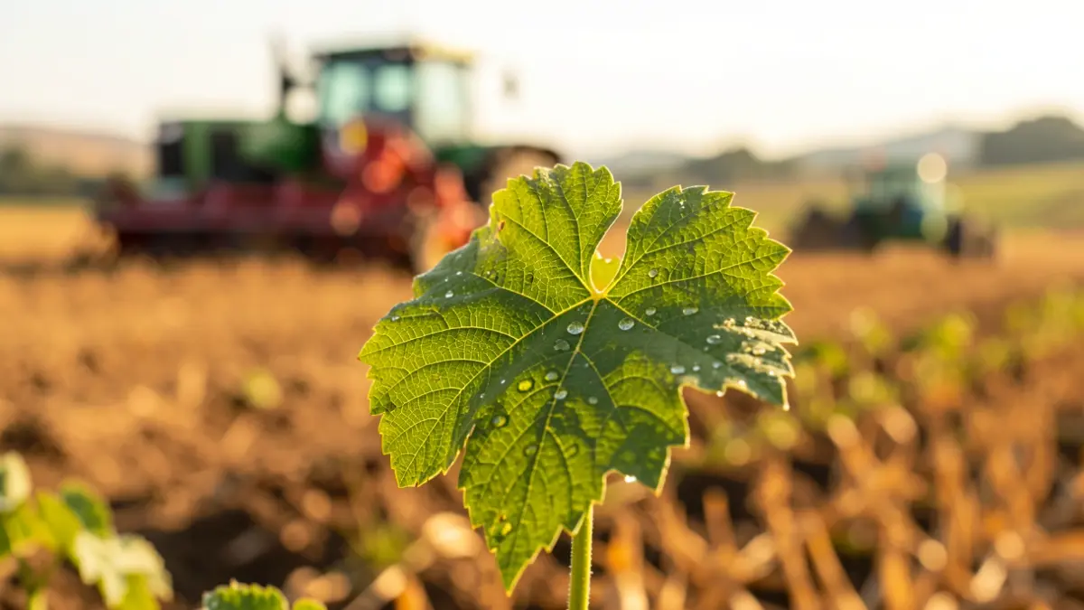 Imagen genérica de una hoja verde con gotas de rocío, con un campo iluminado por el sol al fondo.